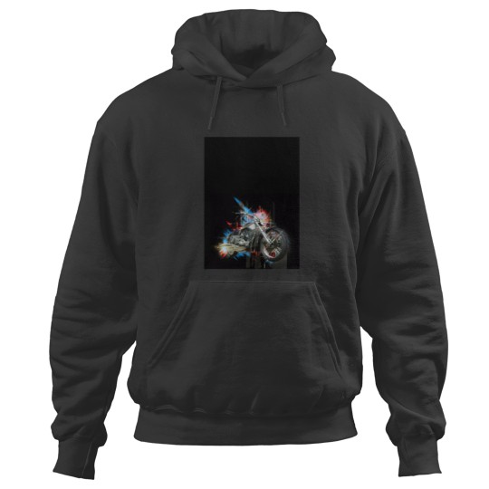 Discover Chrome motorcycle with colorful abstract element on black background Graphic Hoodies