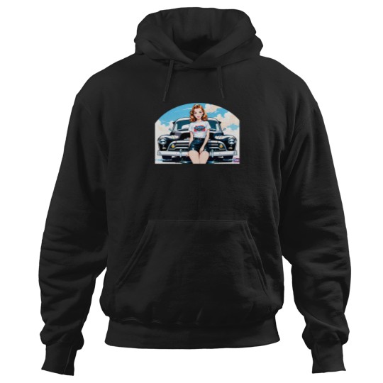 Discover Pin-Up Girl Posing Next To A Vintage Car. Hoodies