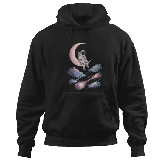 Discover Astronaut Sitting On Crescent Moon Dreamy Galaxy And Nebula Hoodies