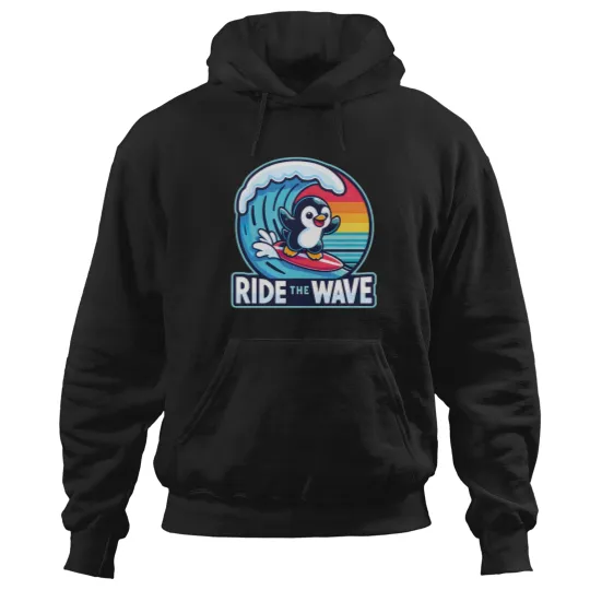 Discover Ride The Wave Cute Funny Penguin Surfing Active T Tee Hoodies