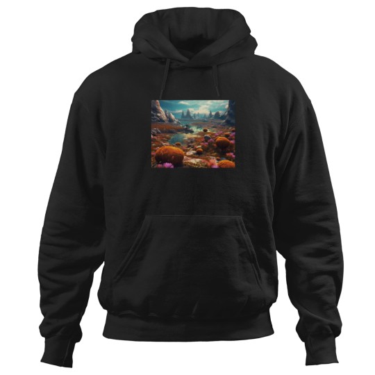 Discover Vibrant Alien Landscape Photo-Realistic Digital Art Of An Exotic World With Mossy Spores And Stone Formations Active T-Shirt 855 Hoodies