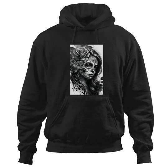 Discover Black and White Day of the Dead Girl Tattoo Style Art Print Hoodies