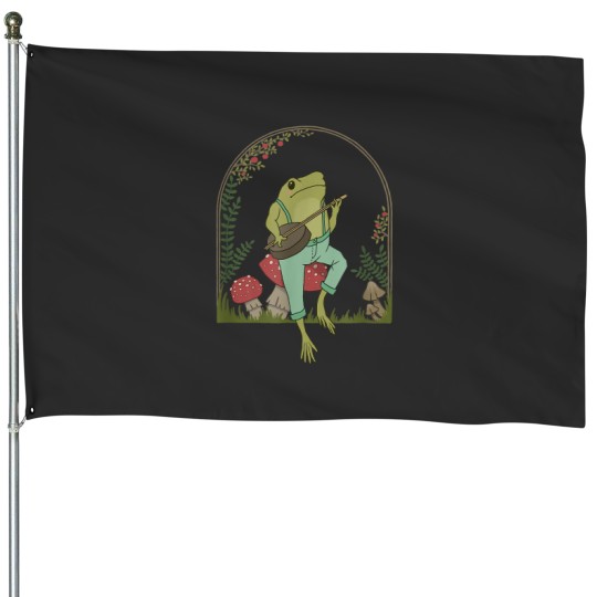 Discover Cottagecore Aesthetic Frog Playing Banjo On Mushro House Flags
