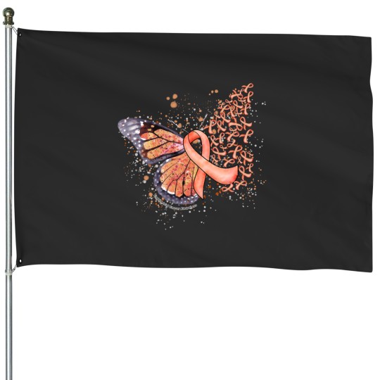 Discover Peach Ribbon Endometrial Cancer Awareness Dripping Butterfly House Flags