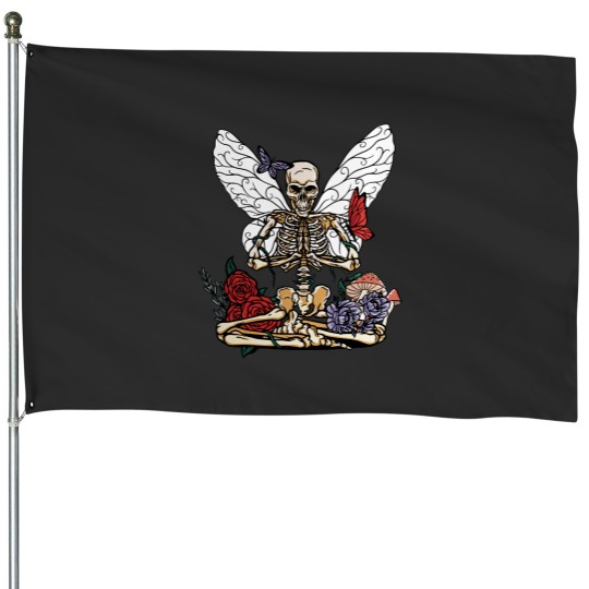 Discover Yoga Skeleton Butterfly Fairycore Aesthetic Cottagecore House Flags