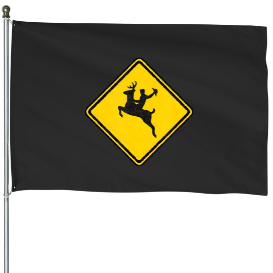 Discover bucking deer crossing road sign with cowboy for rodeo fans House Flags