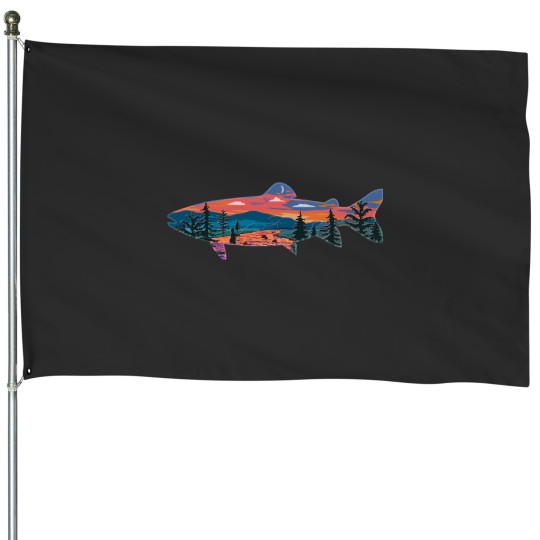 Discover Trout Silhouette Fly Fishing Mountain Sunset River Stream Art House Flags
