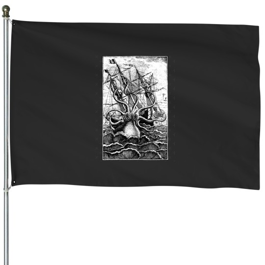 Discover Vintage Kraken attacking ship illustration with white background House Flags