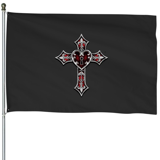 Discover FLASHART TATTOO CROSS AND HEART LOCK House Flags