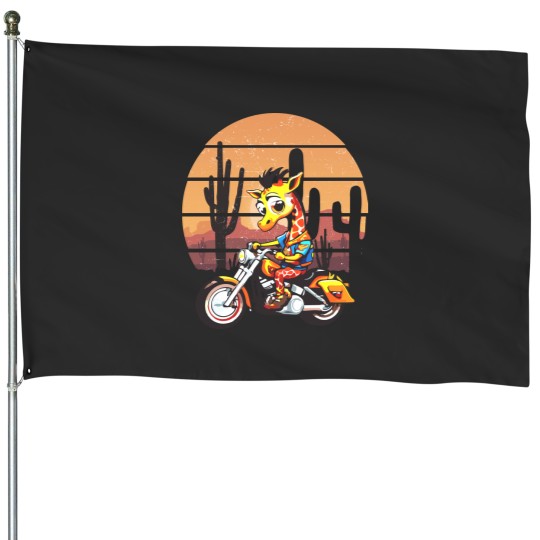 Discover Giraffe Riding Motorcycle House Flags