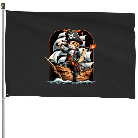 Discover Pirate Cat Adventure Funny Halloween House Flag for Cat Lovers