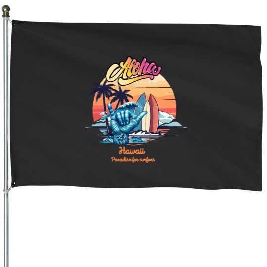 Discover Aloha, Hawaii, paradise for surfers,cool graphic with hawaiian "shaka" gesture House Flags