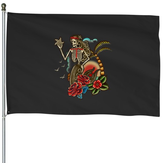 Discover mermaid skeleton traditional tattoo oldschool halloween House Flags