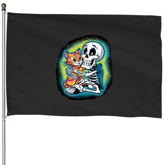 Discover HALLUAN-skeleton hugging cat hoddie design digital art House Flags
