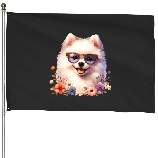 Discover Eskie American Eskimo Dog Floral House Flags
