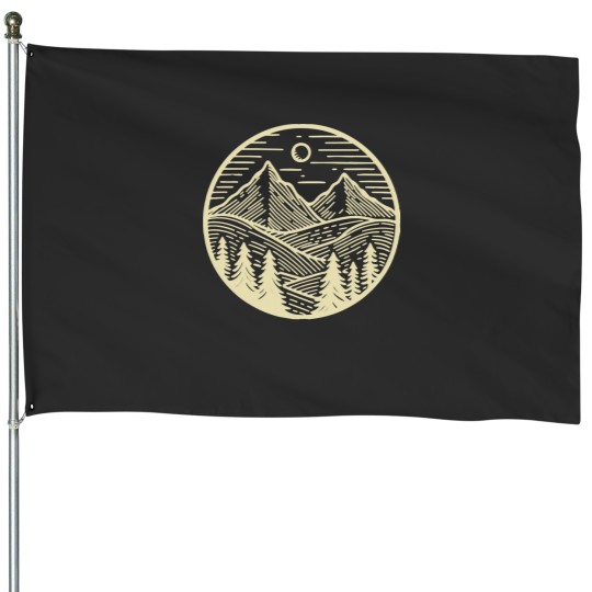 Discover Mountains Sun over mountains line art House Flags