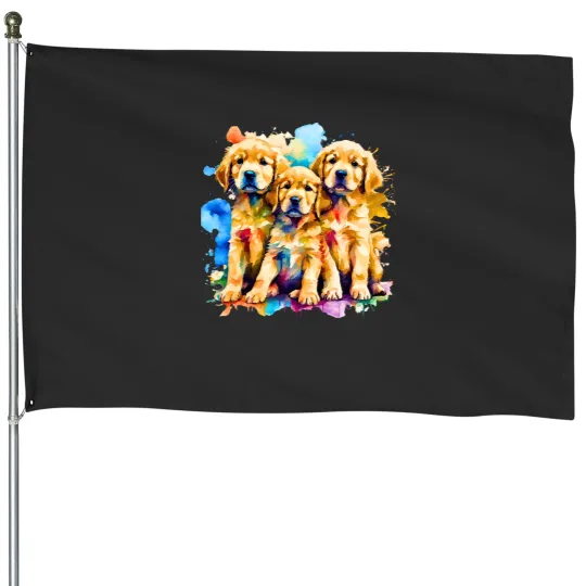 Discover Puppies Adorable Golden Retriever Puppies Watercolor House Flags