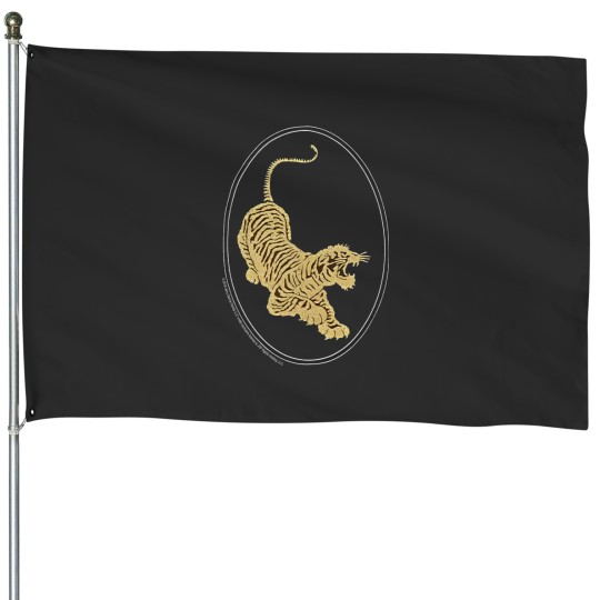 Discover Jerry Garcia House Flags- Tiger Guitar emblem, Gold metallic ink on a Black House Flags