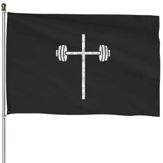 Discover barbell cross christian faith gym workout lifting motivation House Flags