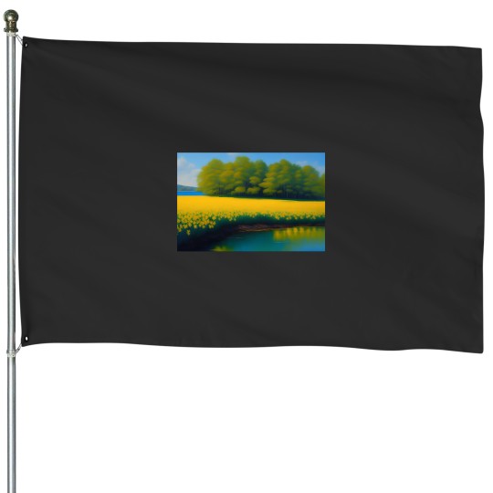 Discover Yellow springtime daffodils by the blue woods stream and coastal salt New Engl and floral landscape n House Flags
