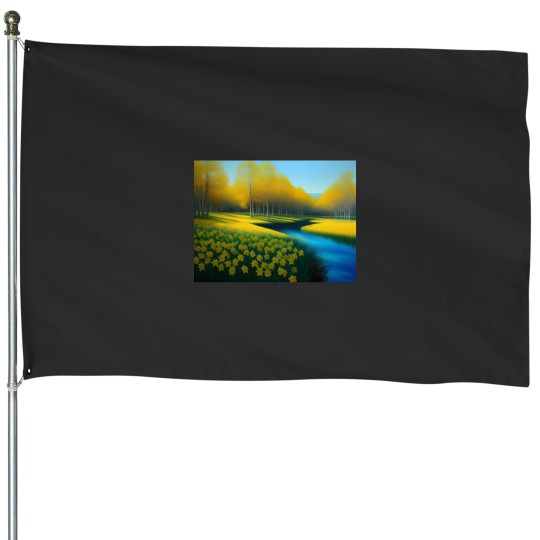 Discover Yellow springtime daffodils by the blue woods stream New Eng land floral landscape nature painting Ac House Flags