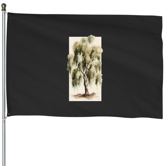 Discover Graceful Willow Tree Watercolor Art for s and s Active House Flags