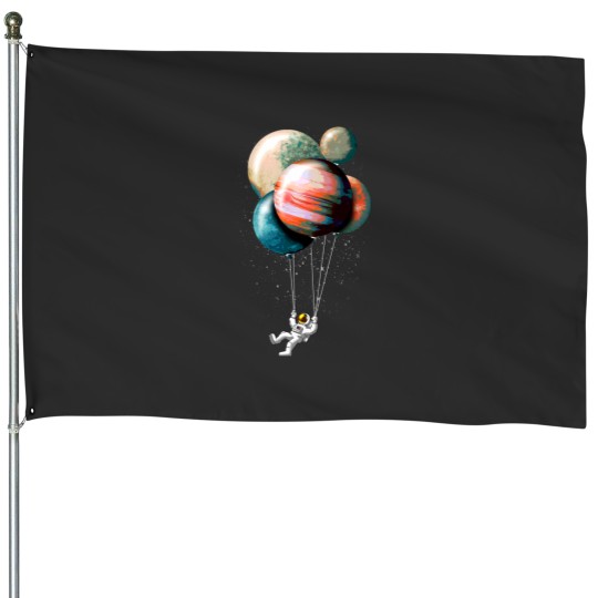 Discover Cute Spaceman with Balloon Planets Essential House Flags