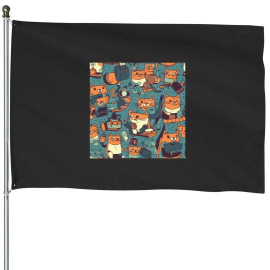Discover Surreal Cats of Mischief Cheeky Feline Creatures House Flags