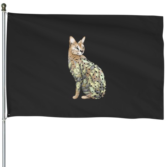 Discover Serval Cat in Lotus Tattoo House Flags