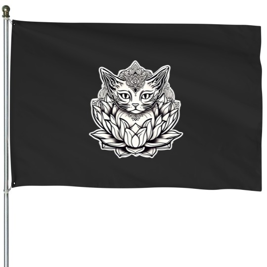 Discover Cat Lover Lotus Adorable Feline and Lotus House Flags