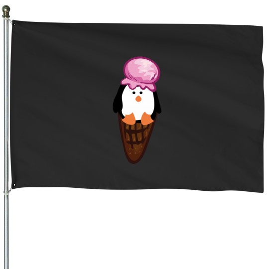 Discover Penguin strawberry ice cream waffle Fitted House Flags