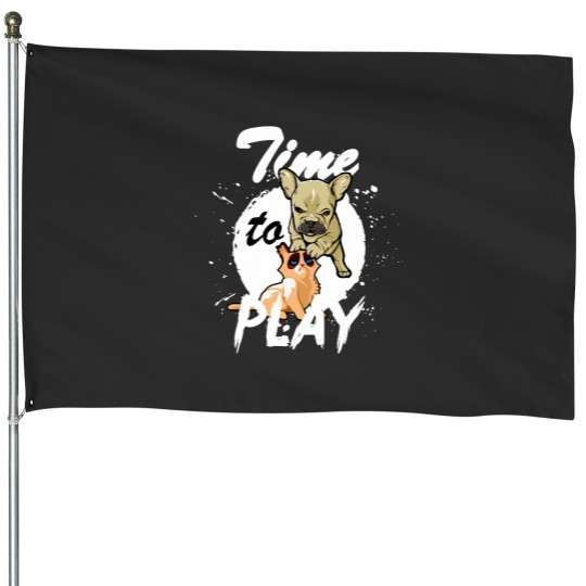 Discover TIME TO PLAY cute annoying puppy dog unhappy cat (light) House Flags