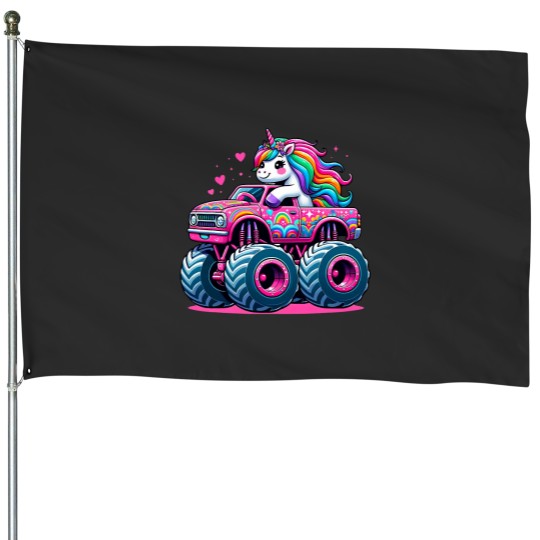 Discover Funny Cute Unicorns Riding A Pink Monster Truck House Flags