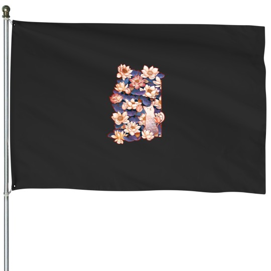 Discover White cat and Lotus House Flags