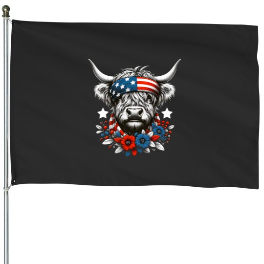 Discover Highland Cow 4th Of July American Flag Independence Day House Flags