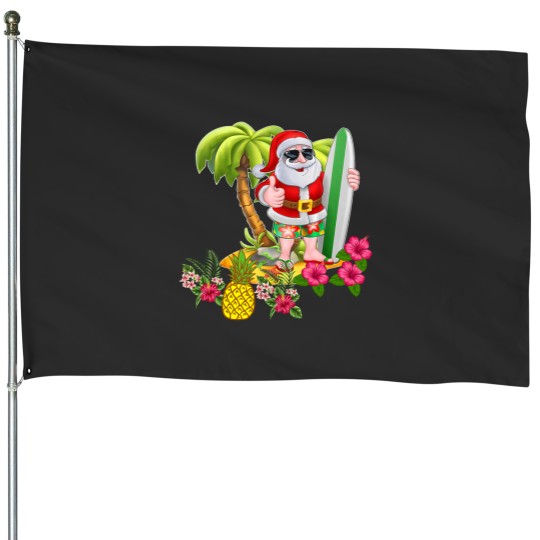 Discover Christmas in July Santa Hawaiian Surfing T Shirt Summer Surf House Flags