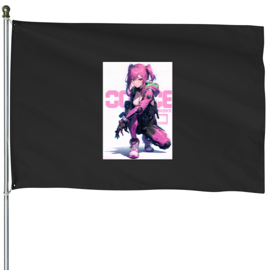 Discover Cute anime manga japanese girl pink hair urban cyberpunkss style House Flags