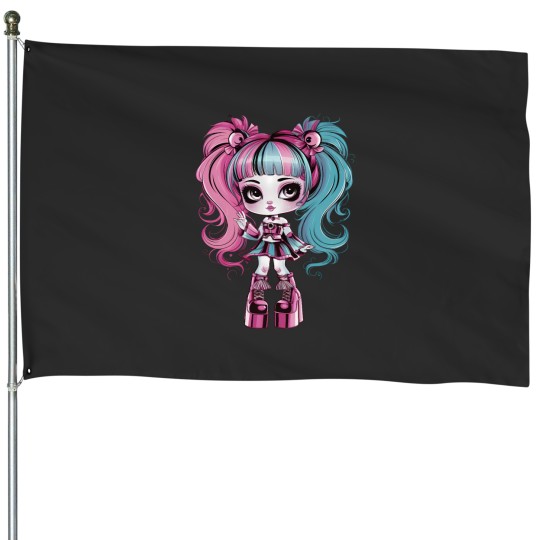 Discover Pink and Blue Hair Anime Girl Wearing Platform Shoes House Flags