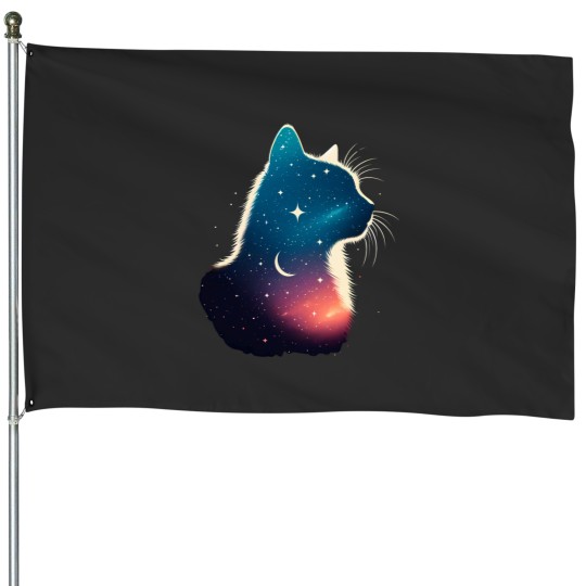 Discover Cosmic Cat Silhouette Galaxy Space Feline Lover Celestial Design House Flags