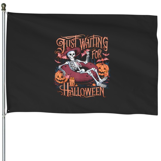 Discover Just Waiting for Halloween Skeletonn Funny Spooky Pumpkin House Flags