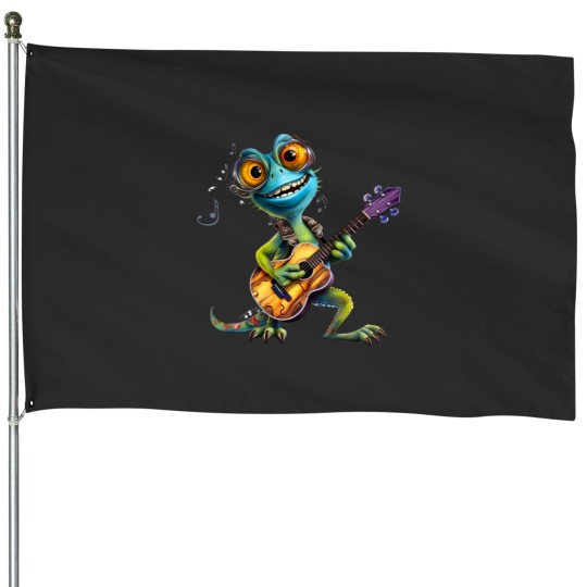 Discover Cartoon Chameleon Plays The Guitar House Flags