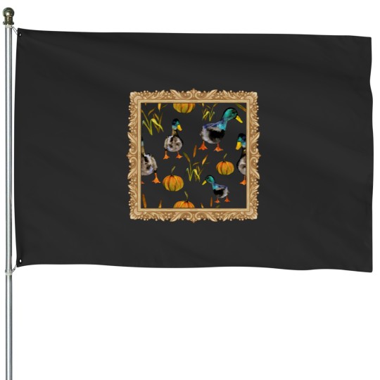 Discover Fall Ducks and Pumpkin Pattern Framed House Flags