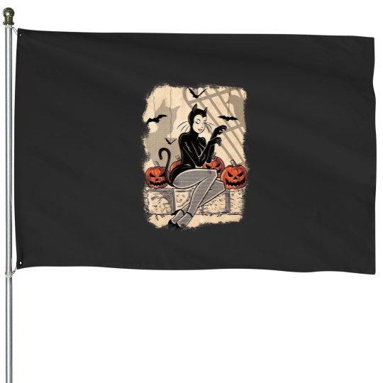Discover woman and bats Halloween  illustration House Flags