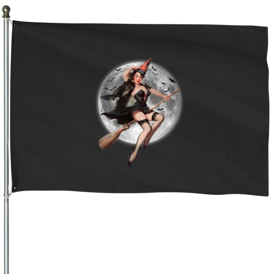 Discover Halloween pin-up witch House Flags