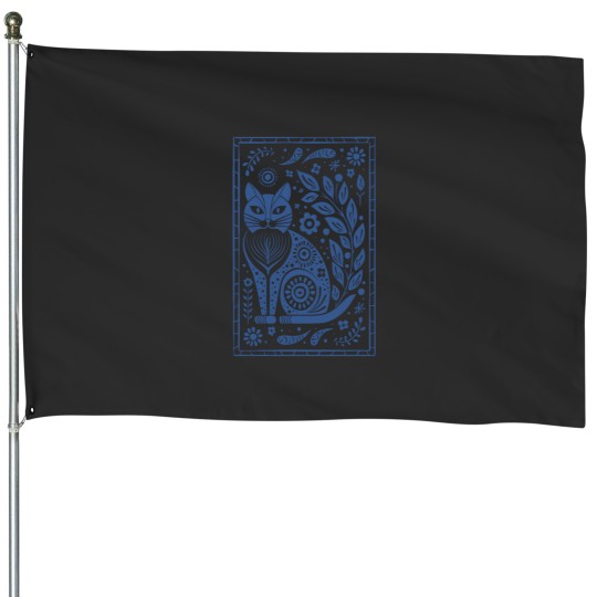 Discover folk art sassy cat and flowers in denim blue Long House Flags