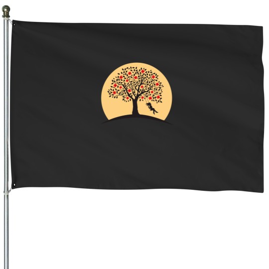 Discover Girl Swing On Tree Cute Girl Pushing a Swing under a Red flowering tree. House Flags