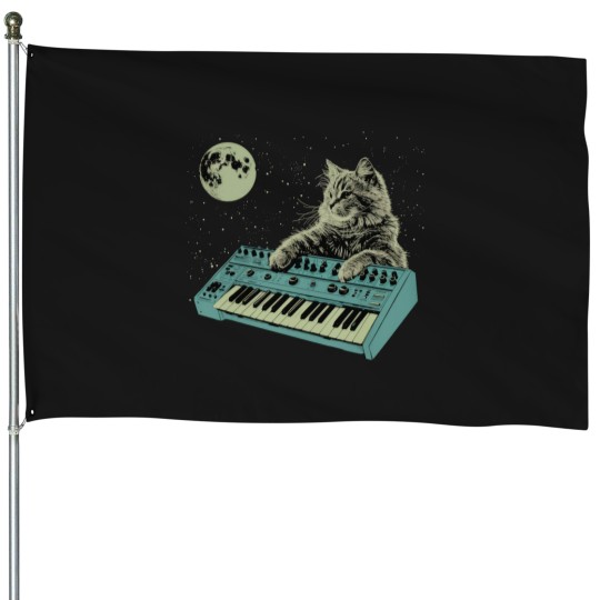 Discover Synthesizer Cat In Space House Flags