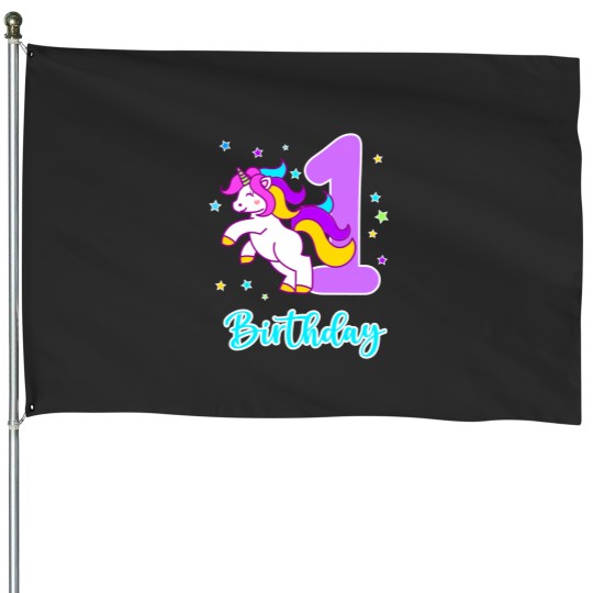 Discover Cute Cartoon Unicornss 1st Birthday Celebration House Flags
