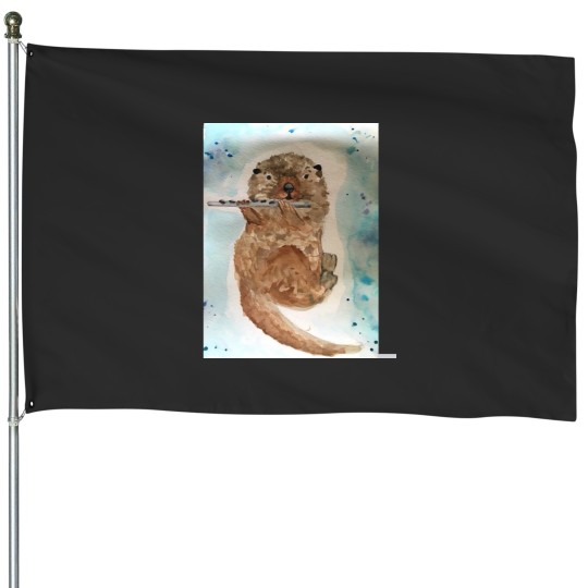 Discover Watercolor Otter Playing the Flute House Flags