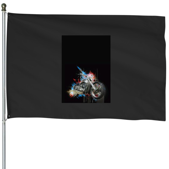 Discover Chrome motorcycle with colorful abstract element on black background Graphic House Flags